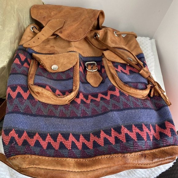 Backpack Hoho Woven textile cow hide double pocket  Backpack Boho 14”-13” 5.5” main image 5